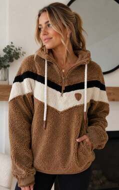 Wanakome Alicia Sherpa Teddy Hoodie Brown Black White Size L